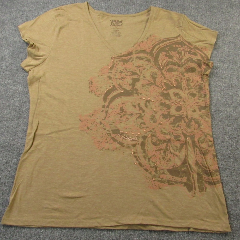 Good Karma‎ Life is Good T Shirt Womens XXL Tan Floral Mandala Organic Fitted
